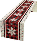 Snowflakes Christmas Table Runner,Red Buffalo Plaid Seasonal Winter Kitchen Dining Table Decoration for Home Party Decor 13x60 Inch