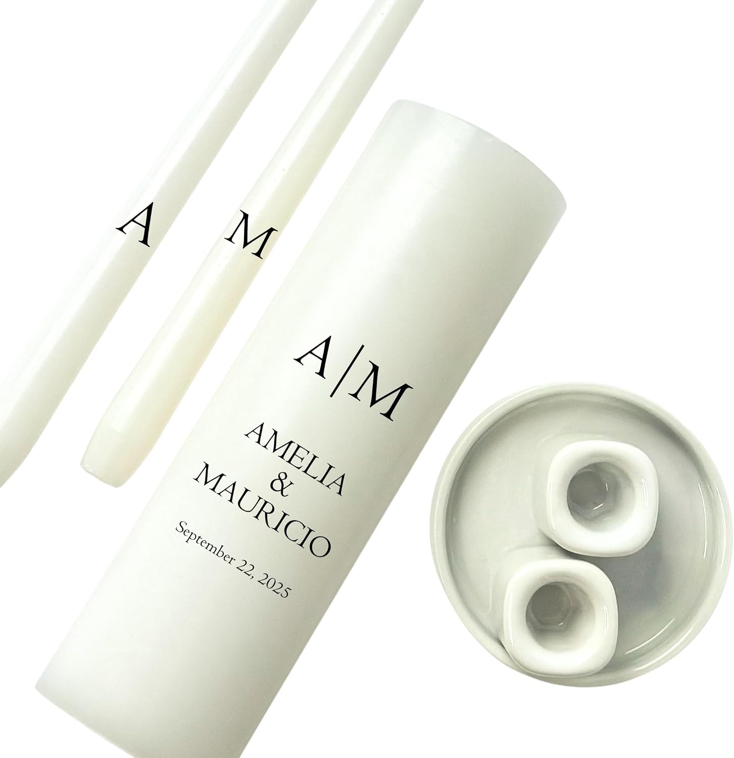 Unity Candles for Wedding, Modern Unity Set, Custom and Personalized Pillar and Taper Candles, Custom Date and Names. Unscented White Premium Wax, Religious and Wedding Ceremony, Special Events