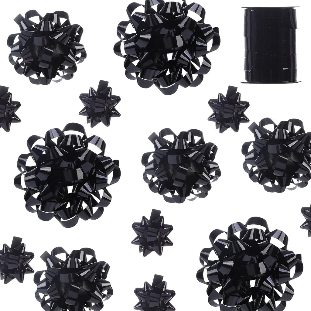 25 Pcs Gift Bows Assortment - 3 Size Gift Bowsand 1 Crimped Curling Ribbons, Perfect for Christmas, Holiday，Birthdays, Weddings, Baby/Bridal Showers, Party (Black)