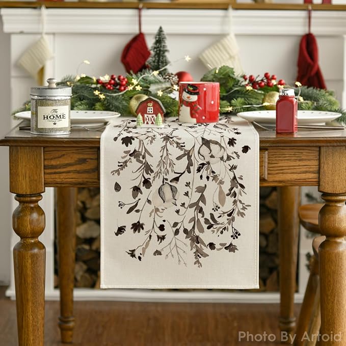 Artoid Mode Leaves and Flowers Cotton 210 GSM Winter Table Runner, Seasonal Christmas Kitchen Dining Table Decoration for Home Party Decor 13x72 Inch