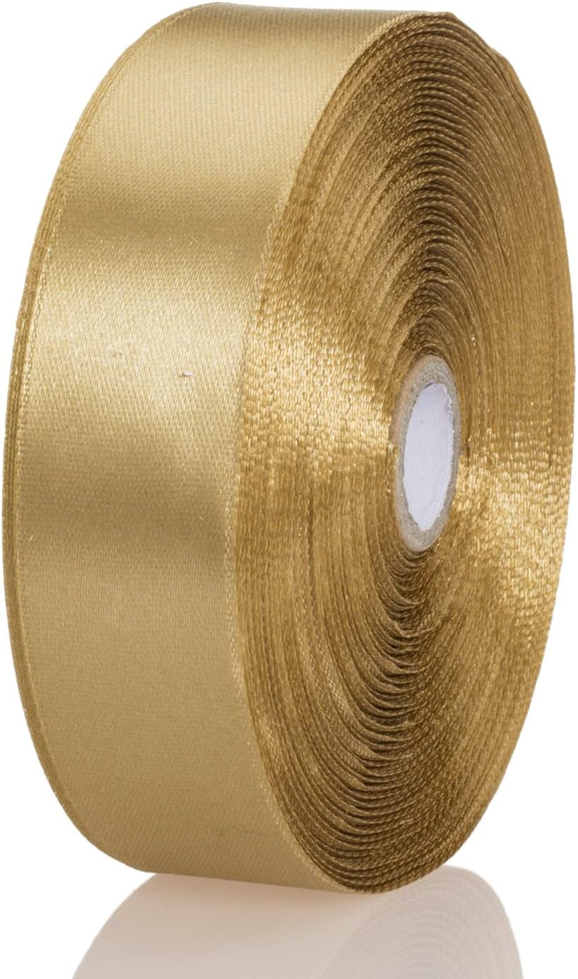 YASEO 1 Inch Champaign Gold Solid Satin Ribbon for Gift Wrapping, 50 Yards | Soft, Satiny, Colorfast, Polyester Fabric, Ease of Use, Bouquets, Decor, Crafting DIY, Leis, Christmas, Wedding