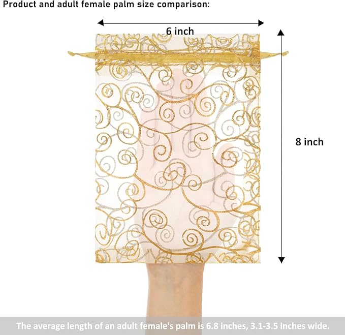 Staruby Organza Gift Bags 50 Pcs Gold Sheer Organza Bag 6x8 Inch Mesh Favor Bags Drawstring Jewelry Rattan Printed Gift Pouches for Wedding Party Favors Couple Shower Christmas Gifts Candy Bags