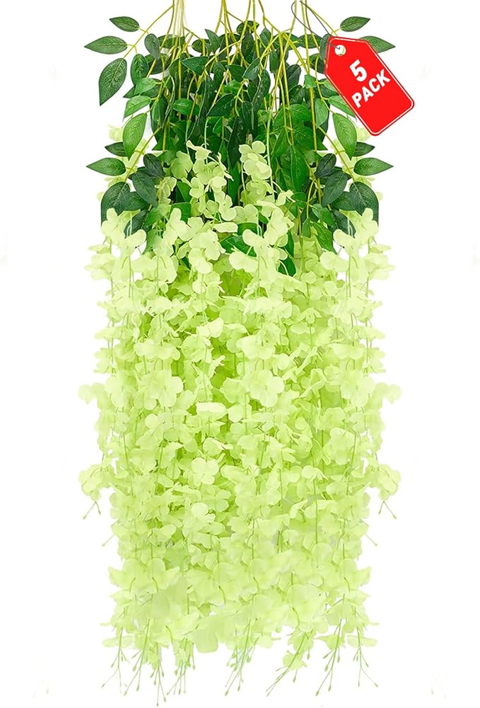 5 Pack Green Wisteria Hanging Flowers, 3.44 Ft Fake Hanging Flowers, Artificial Wisteria Garland Vines for Wedding Room Backdrop Outdoor Patio Garden Decoration