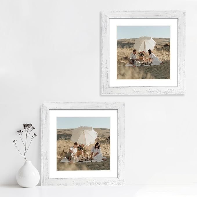 10x10 Picture Frame Set of 4 with Real Glass, Distressed White Frame Display 8x8 Pictures with Mat or 10 x 10 Without Mat, Wood Square Photo Frame for Wall Mount and Tabletop Display