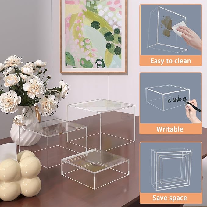 Buffet Risers, Food Display Risers for Party, Crystal Clear Acrylic Risers Display Stand for Buffet Table, Catering Displays for Dessert, Cube Box Nesting Riser with Hollow Bottom