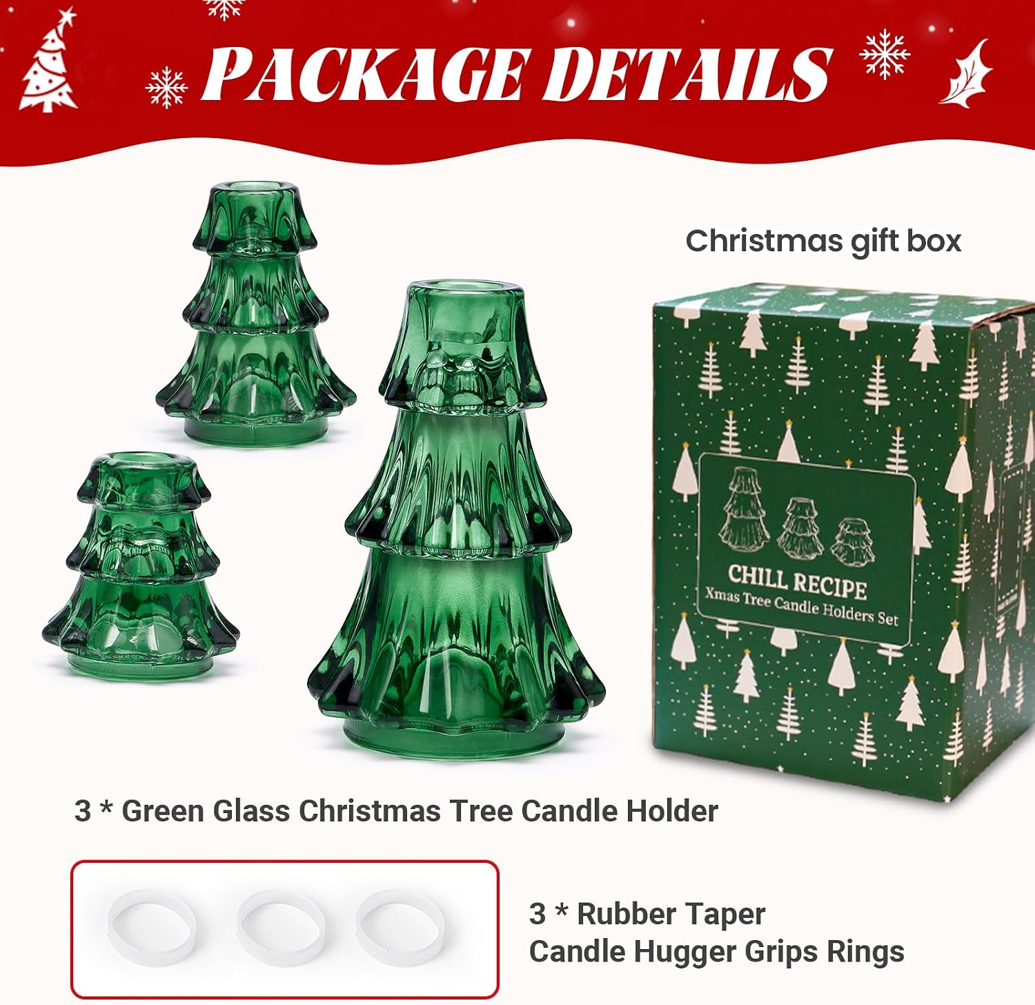 CHILL RECIPE Christmas Tree Candle Holders Xmas Glass Taper Candlestick Holders Thickened with Rubber Candle Grippers for Decoration Table Centerpiece Dinner Party Home Decor(Green 3Pcs &Box)
