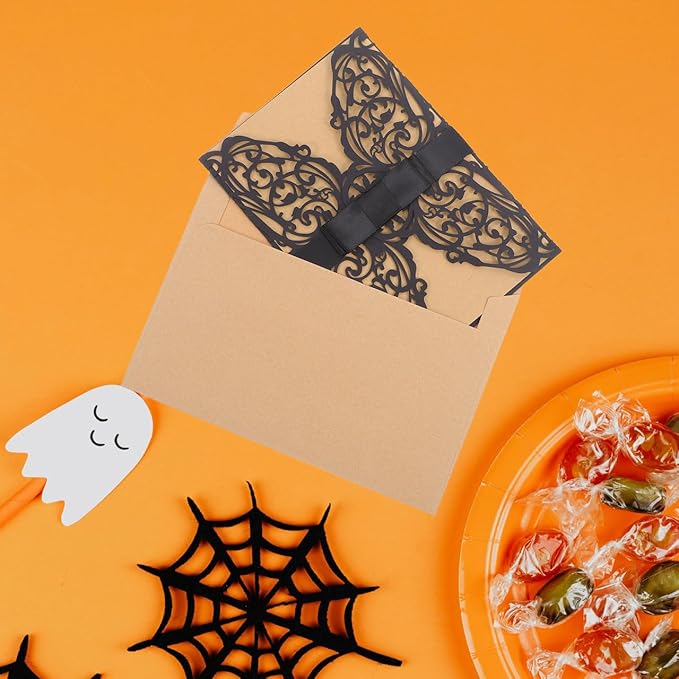 STOBOK Halloween Party Invitations - 10pcs Laser Cut Invitation Cards with Envelopes and Bowknots - Black Hollow Card Kits for Horror Party Supplies Weddings Baby Showers Event Celebrations 7.1x4.9in