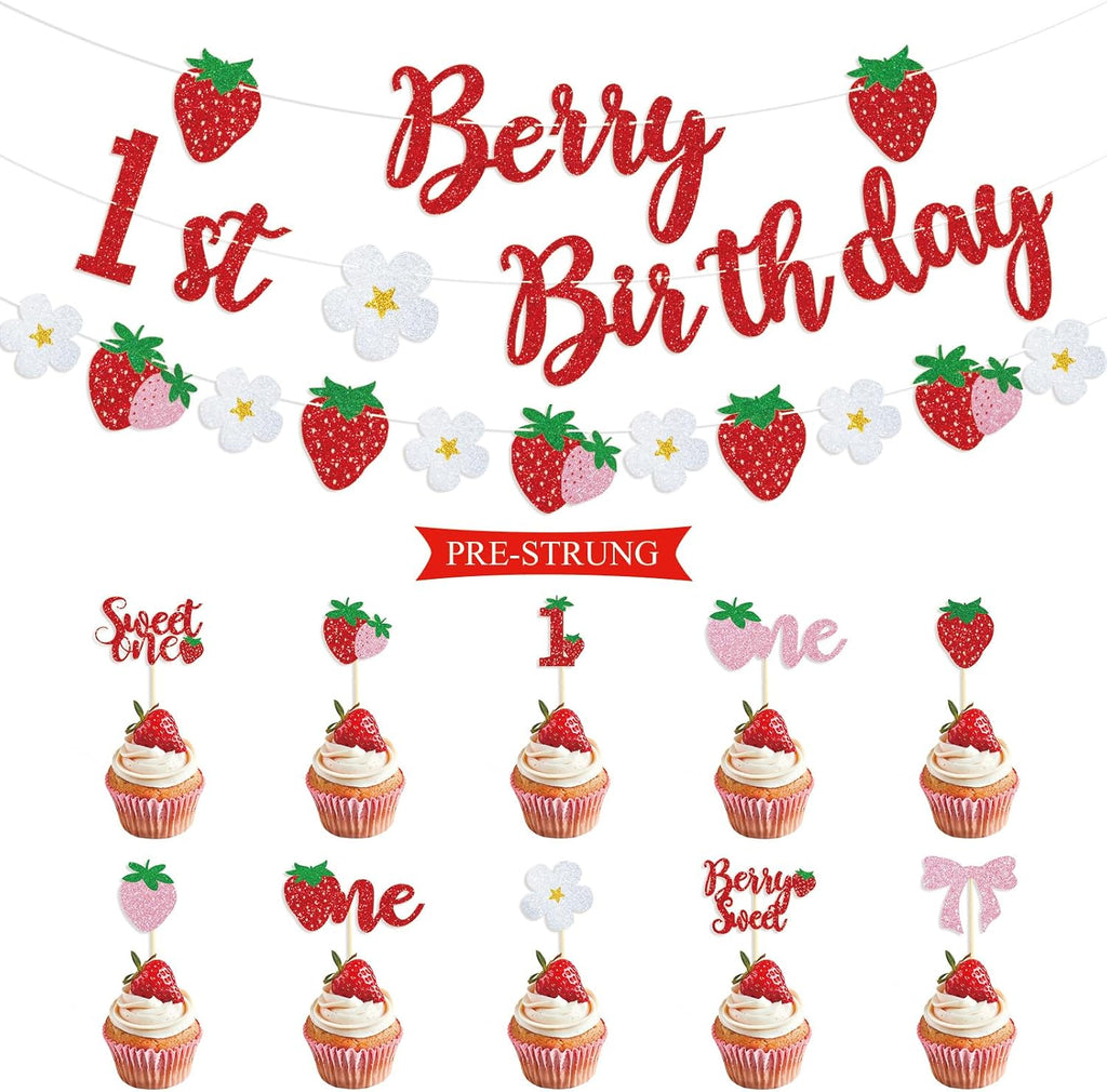 Berry First Birthday Decor, Berry 1st Cupcake Toppers Decorations | Berry 1st Banner, Sweet One, Strawberry, for Baby Shower Decorations, Girls First Birthday Party Supplies