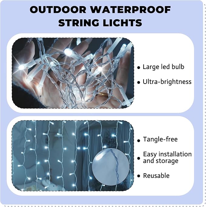 Curtain Light for Bedroom, 200LED 6.6x6.6ft White Window Wall Hanging Fairy Curtain String Light, 8 Modes Remote Fairy String Lights Indoor for Wedding Party Home Garden Decorations