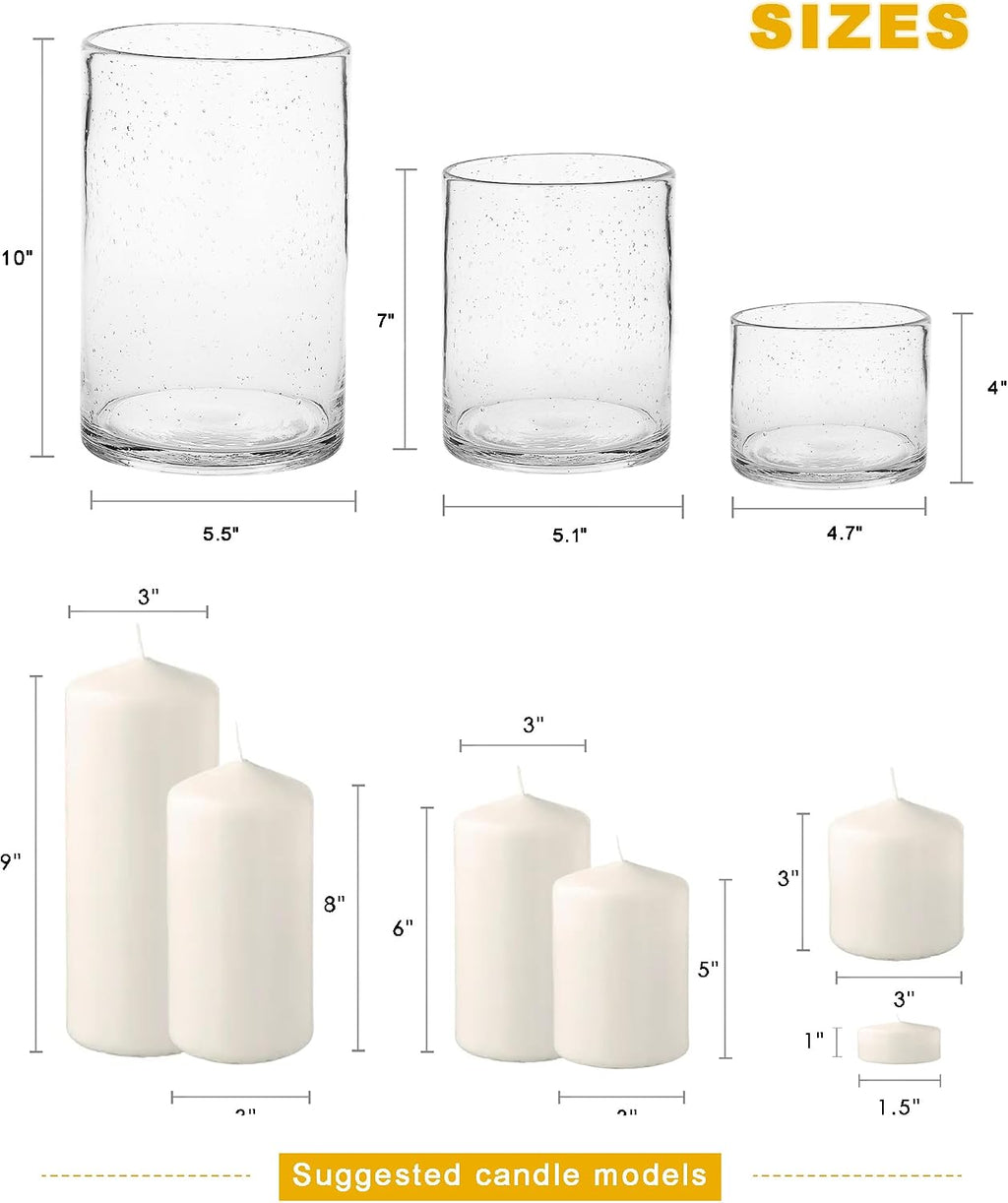 Hurricane Candle Holders Glass Cylinders Set of 3 (10" 7" 4") | Clear Seeded Bubbles, Cylinder Vases For Pillar Candles, Modern Rustic Table Centerpiece Decor
