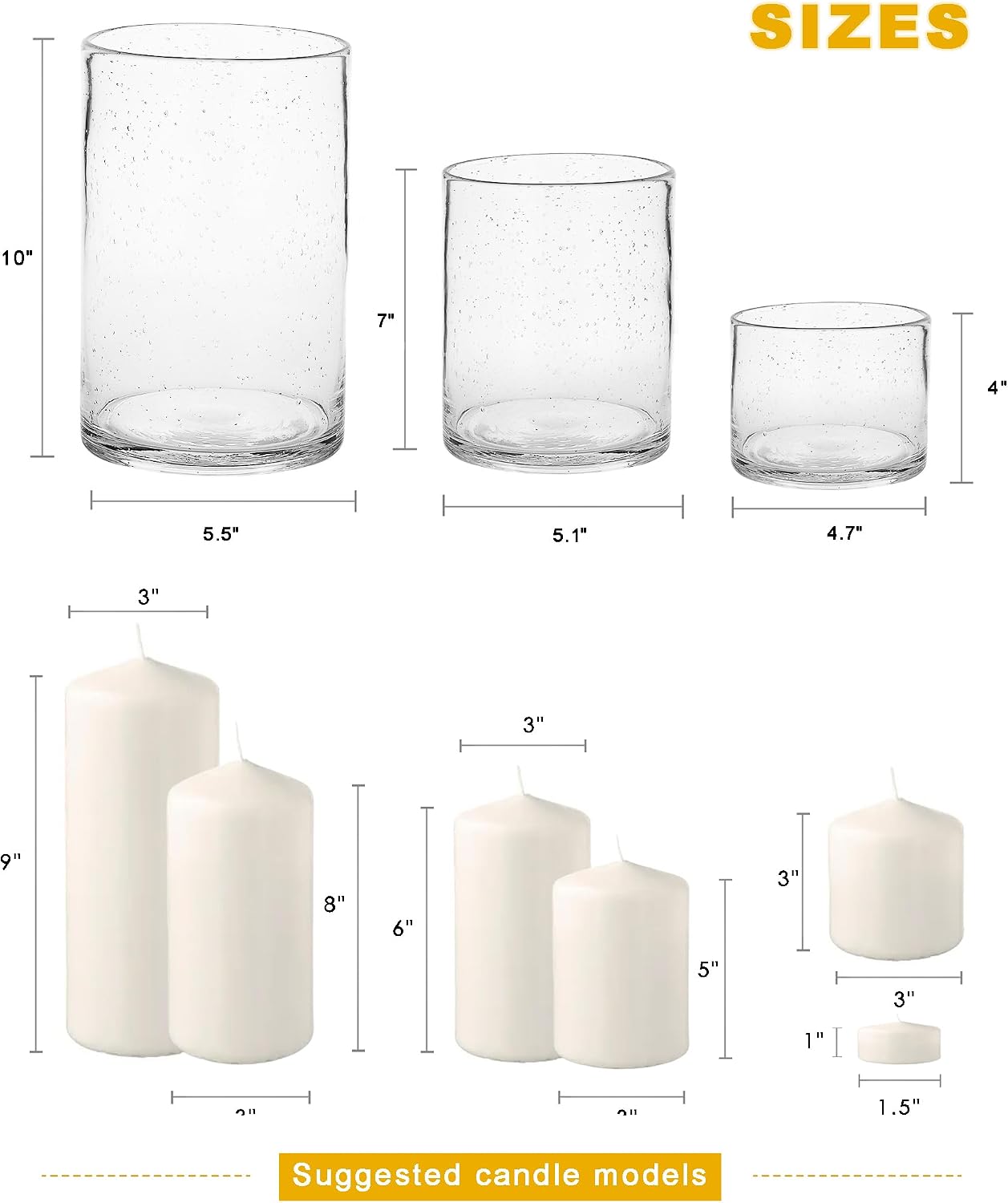 Hurricane Candle Holders Glass Cylinders Set of 3 (10" 7" 4") | Clear Seeded Bubbles, Cylinder Vases For Pillar Candles, Modern Rustic Table Centerpiece Decor