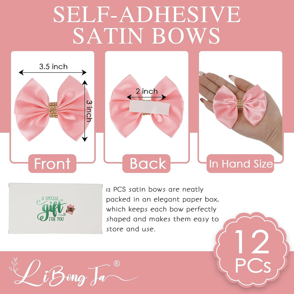 Pink Satin Bows 12 PCS Premade Self Adhesive 3.5" Gift Bows with Rhinestone for Wedding Party Event Decor Gift Wrapping Craft Baby Shower Wedding Treat Bags Presents Making Greeting