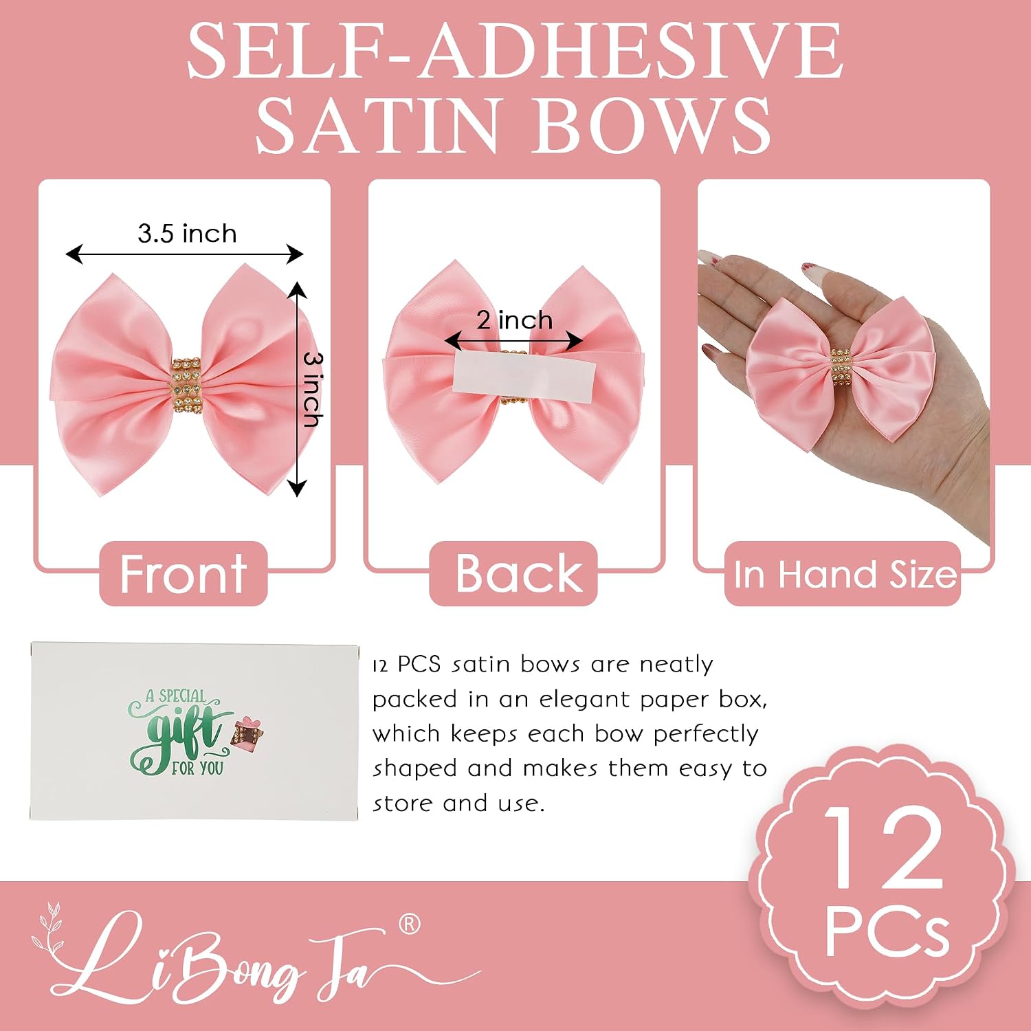 Pink Satin Bows 12 PCS Premade Self Adhesive 3.5" Gift Bows with Rhinestone for Wedding Party Event Decor Gift Wrapping Craft Baby Shower Wedding Treat Bags Presents Making Greeting