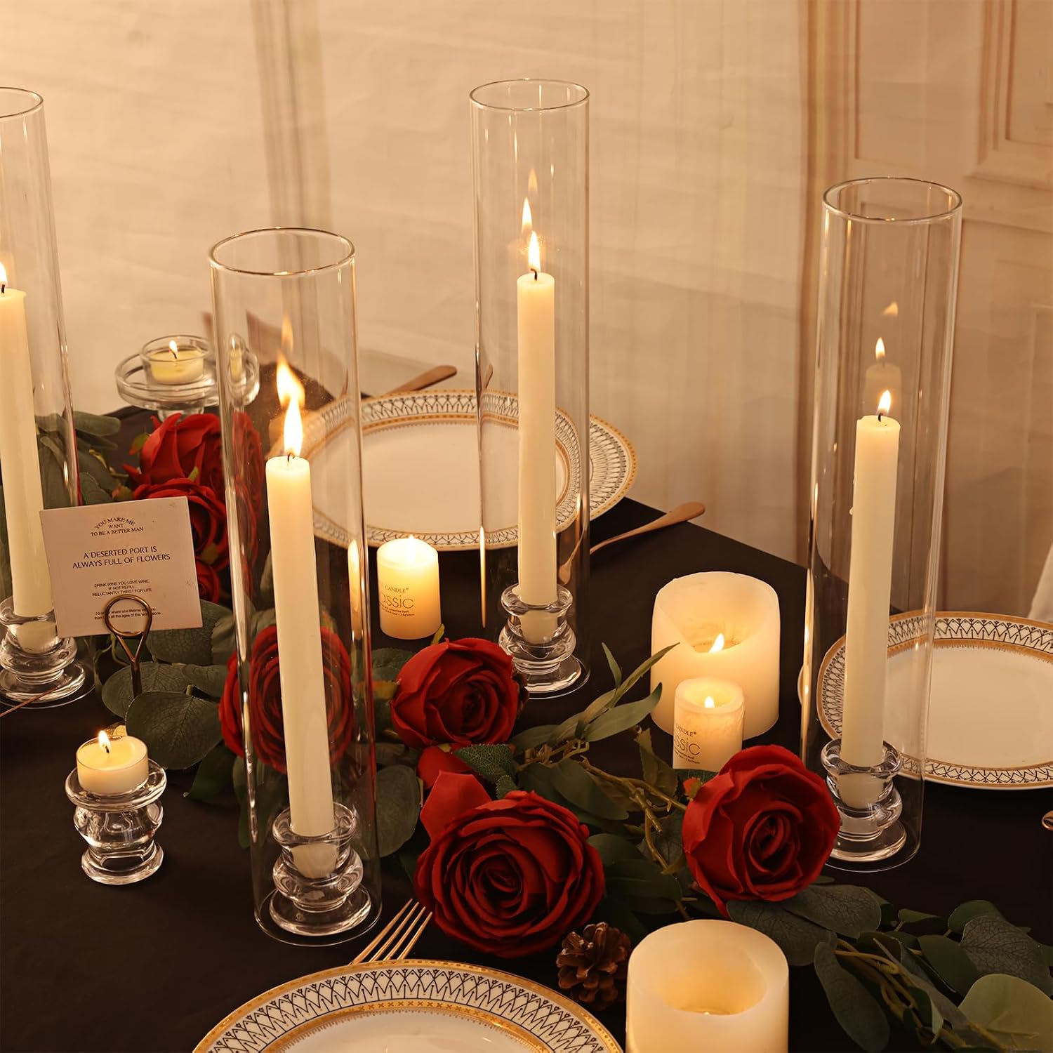 Volens Hurricane Glass Candle Holders- Set of 6 Candlestick Holders for Taper Candles with Windproof Cylinder Covers 14" Tall Clear Glass Chimney Cover for Wedding Table Centerpiece Home Decor