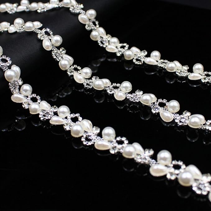 1 Yard Pearl Chain Silver Rhinestone Trim String Crystal Applique Fringe Ribbon Strips Beads Sewing Dress DIY Party Wedding Bouquet for Decoration Bridal Costume Embellishment