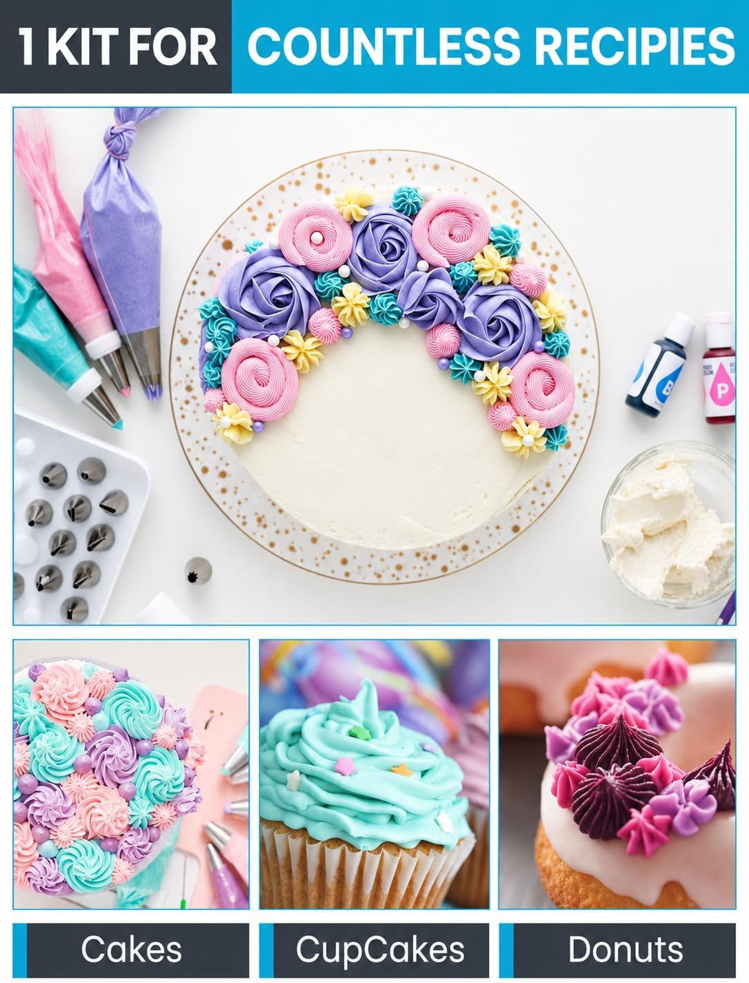 RFAQK 74 PCs Icing Piping Bags and Tips Set, Cake Decorating Kit with 48-Numbered Piping Tips, Anti Burst Pastry Bags for Cookie Cupcake Cake Decoration, Cake Decorating Tips Set with Booklet & E-book