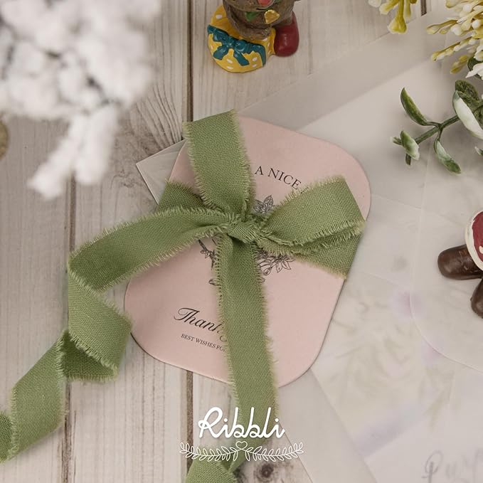 Ribbli 3 Rolls Sage Green Ribbon 5/8 Inch x 18Yards Handmade Cotton Frayed Fringe Ribbons for Gift Wrapping Wedding Invites Bridal Bouquets Baby Shower DIY Crafts Home Decor