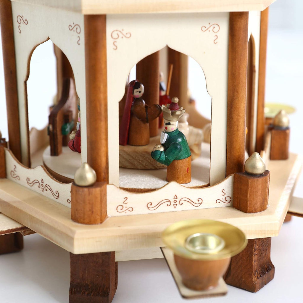 17 Inch Wooden Christmas Pyramid Windmill Candle Holders - 3 Tiers Carousel- Hand Painted Nativity Figurines - Turning Wings (005-Natural)