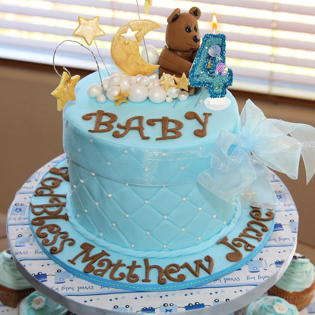 Blue Shell Sequin Number Candle Birthday Cake Number Candle for Mermaid Theme Party, Wedding, Party, Party Decoration Supplies (4)