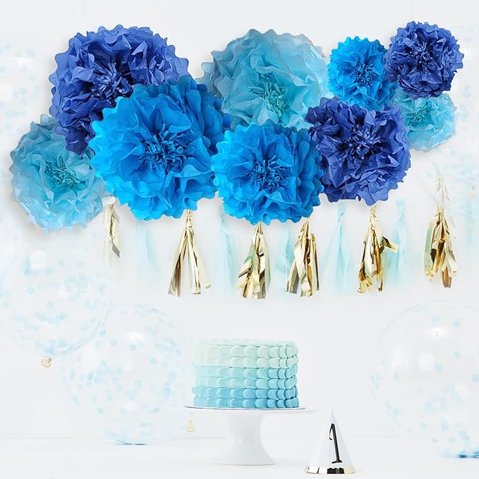 Blue Paper Flower Pom Poms Wall Decorations for Baby Showers, Weddings, Birthdays, Bridal, Tea Parties, Engagement, Home Decor