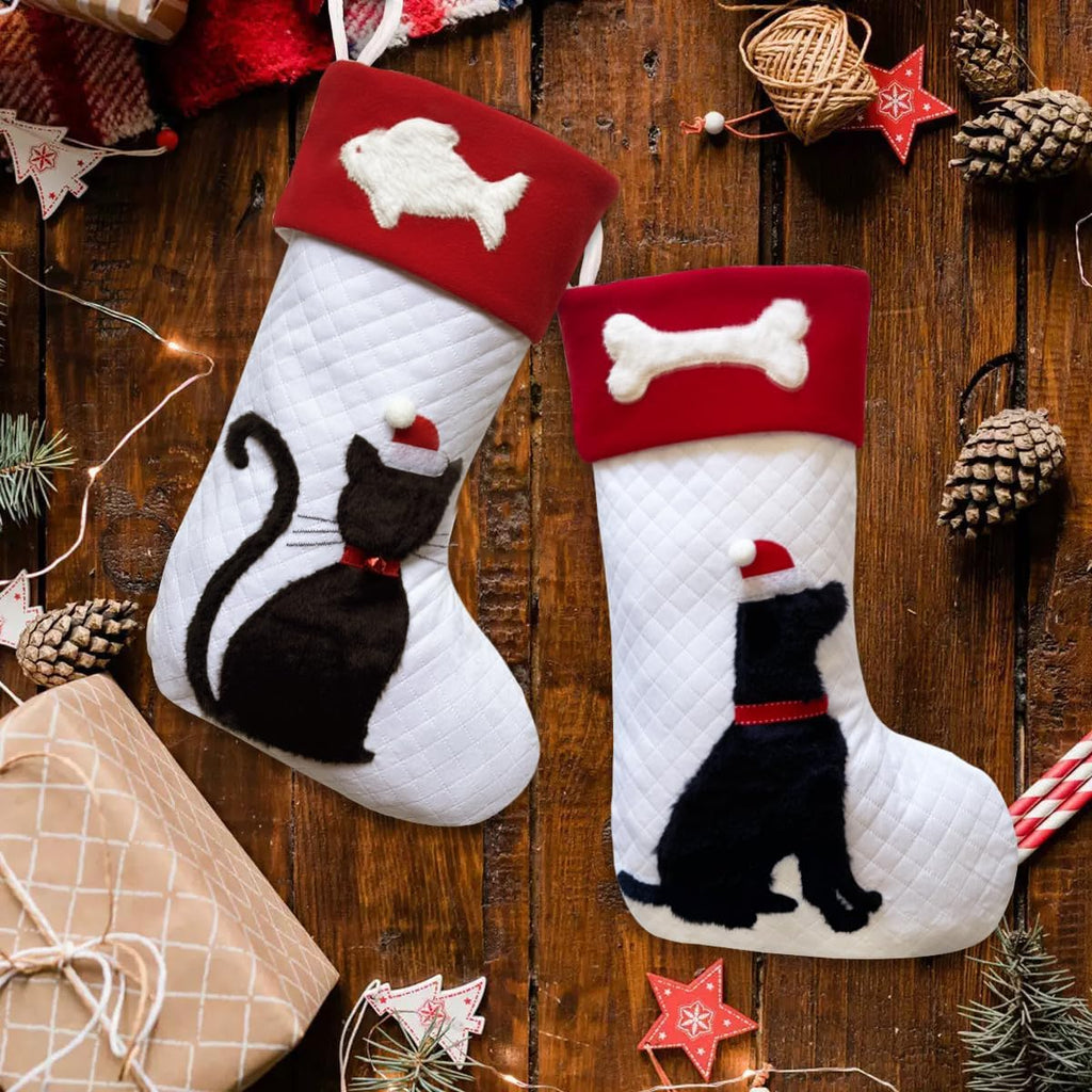 Cat Christmas Stockings Dual-Layer with 3D Black Kitty and White Fish, 20 inch Large Pet Animal Cats Xmas Stockings for Christmas Family Decorations (Black Cat)