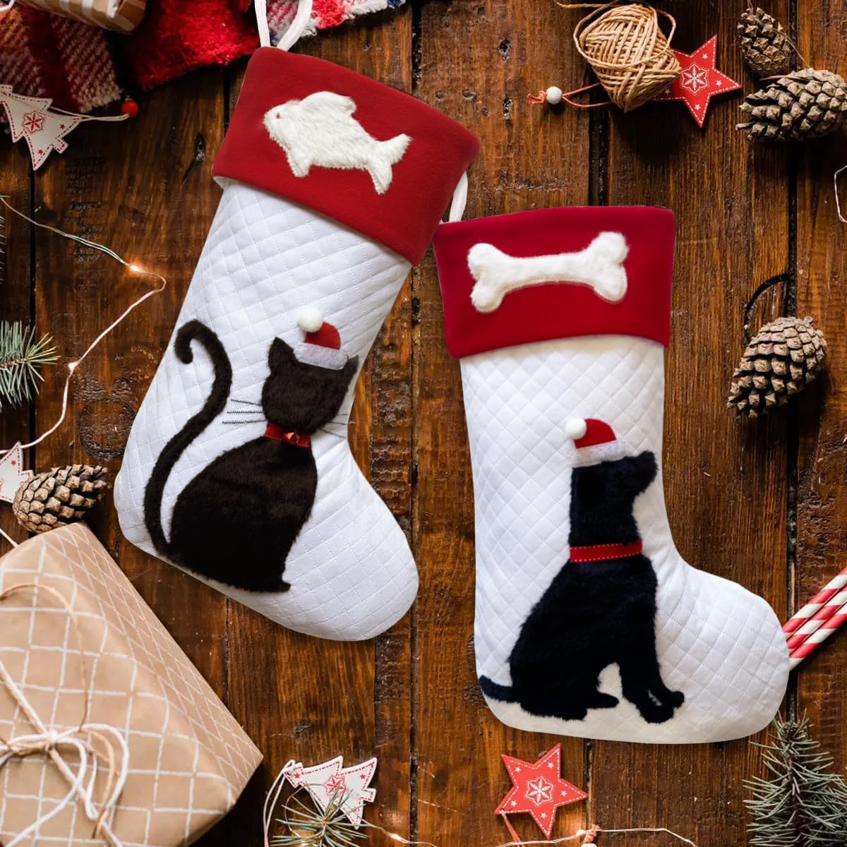 Cat Christmas Stockings Dual-Layer with 3D Black Kitty and White Fish, 20 inch Large Pet Animal Cats Xmas Stockings for Christmas Family Decorations (Black Cat)