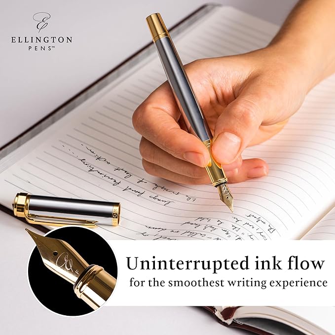 Ellington Pens Luxury Fountain Pen Set- Fountain Pens for Writing - Smooth Extra Fine Nib - Includes Refillable Ink Converter, 3 Ink Cartridges [Black & Blue], Gift Box - Elegant Calligraphy