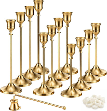 Gold Taper Candle Holders Set of 12, 3 Heights Brass Candlesticks