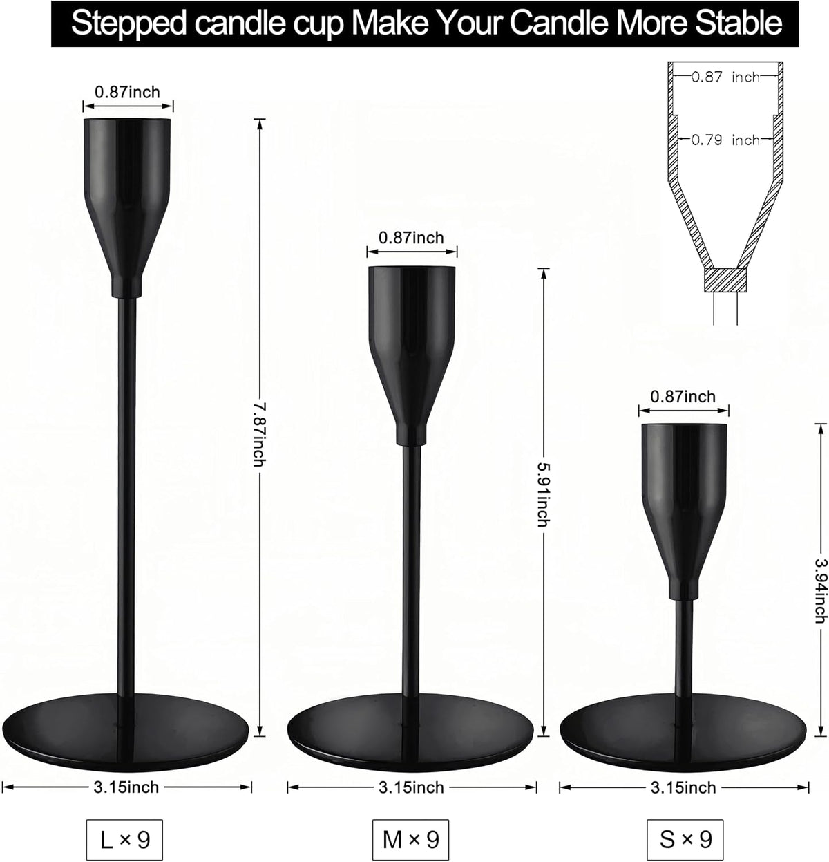 Black Candlestick Holders, Metal Taper Candle Holders,Bulk Set of 27