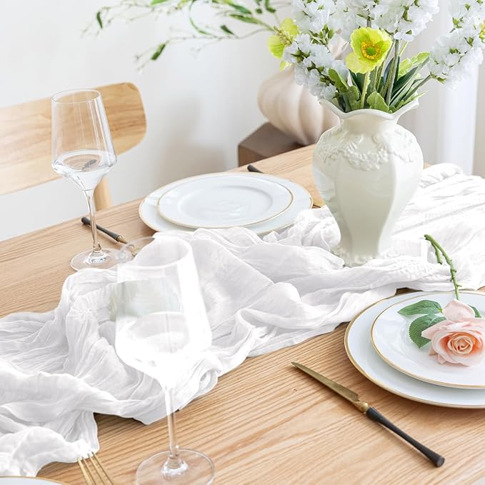 Asee'm 12pcs Cheesecloth Table Runner 120 Inches Long Ivory Boho Gauze Cheese Cloth Runner 10FT Rustic Sheer Table Runners for Christmas Wedding Party Baby Shower Spring Easter Decoration