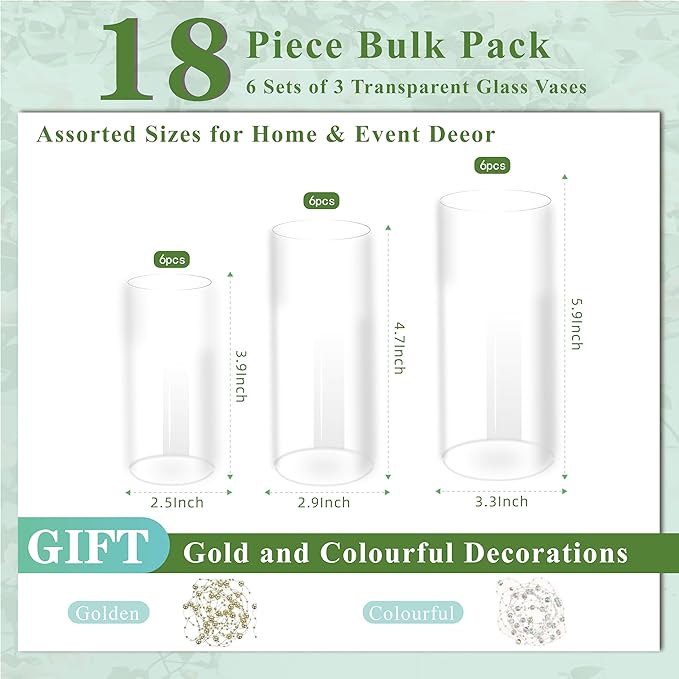 Glass Cylinder Vase Set of 18 for Centerpieces, 4,4.7,6 inch Tall Clear Vase Bulk Floating Candle Holder for Wedding Table Home Décor and Party