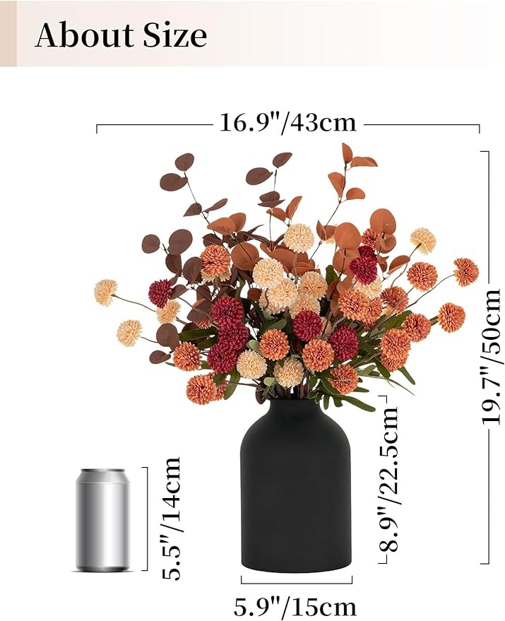 BLOSMON Fall Flowers in Vase for Centerpieces: Metal Vase with 12 Stems of Fake Mums Kiku Flowers Eucalyptuses Home Thanksgiving Table Decoration - Burnt Orange Artificial Pom Poms Floral Arrangement