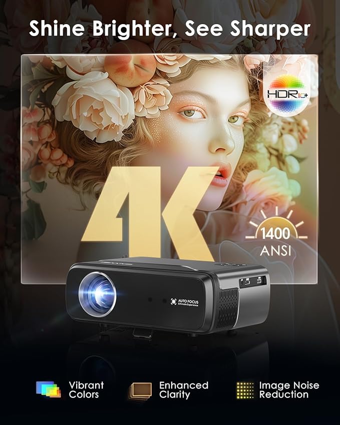 Portable Smart Projector Netflix Officially,AI Auto Focus&Keystone,1400ANSI 4K Support,WiFi6+2.4/5G WiFi,Two-way Bluetooth,Dolby Audio,HDR10,Android TV 11.0,Google Assistant,Home Theater Outdoor Movie