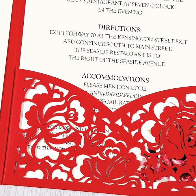 DORIS HOME 50pcs Laser Cut Wedding Invitations with Envelopes Red, 4.7x7.1 Personalized Invitation Cards for Wedding, Anniversary Invitations with Envelopes
