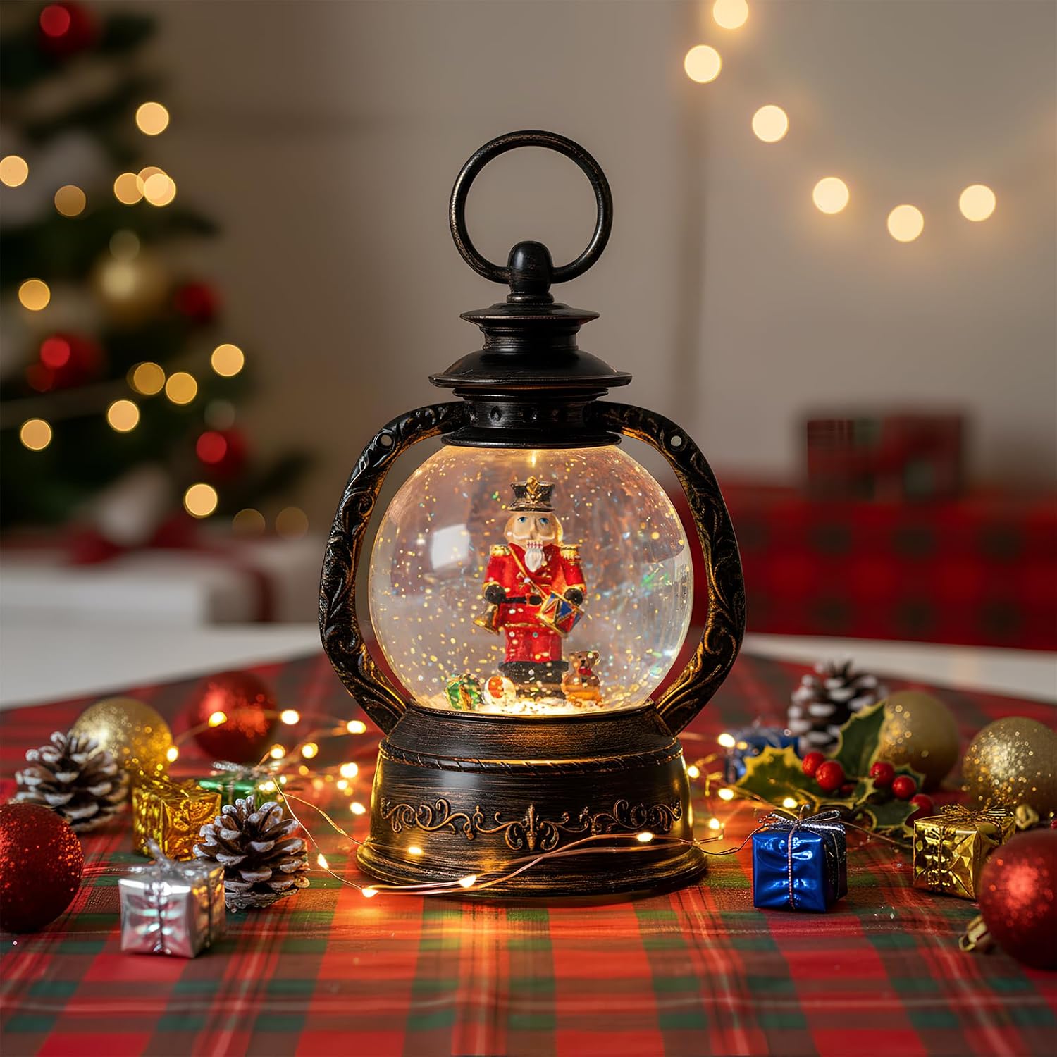 Christmas Snow Globe Lantern Water Glittering Nutcracker with Music & Timer, USB Lined/Battery Operated Lighted Lantern for Christmas Festival Decoration Gifts