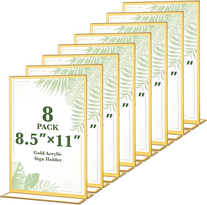 8 Pack Gold Acrylic Sign Holders 8.5x11 Inch, Double Sided Vertical Stand Clear Frames, Table Menu Display Holders for Wedding Table Numbers, Restaurant Signs, Events, Office and Store Posters