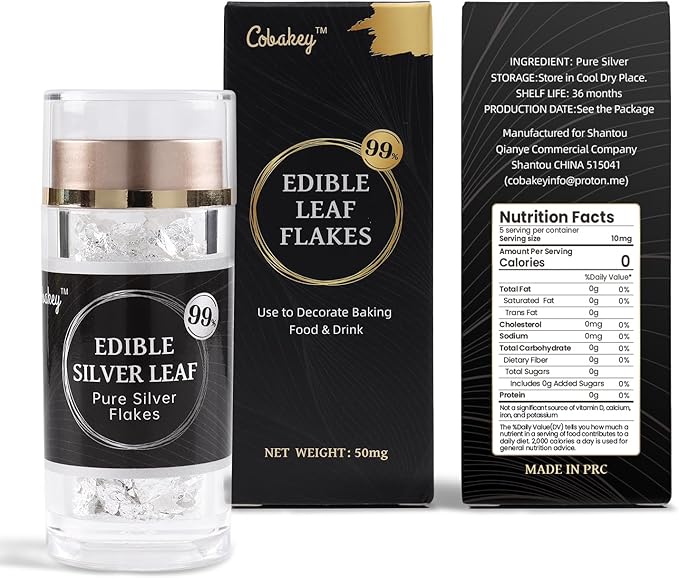 Cobakey Edible Silver Leaf - 50mg Silver Flakes for Cake Decoration (Cupcake, Chocolate, Steak, Drink & Cooking), Edible PureSilver with Edible Glitter & Wooden Tweezers