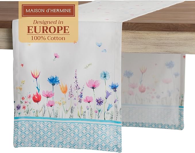 Maison d' Hermine Table Runner 100% Cotton Single Layer Table Runners 72 inches Long Decorative for Home Kitchen Dining Party Wedding Bridal Shower Spring Summer (Flower in The Field, 14.50" x 72")