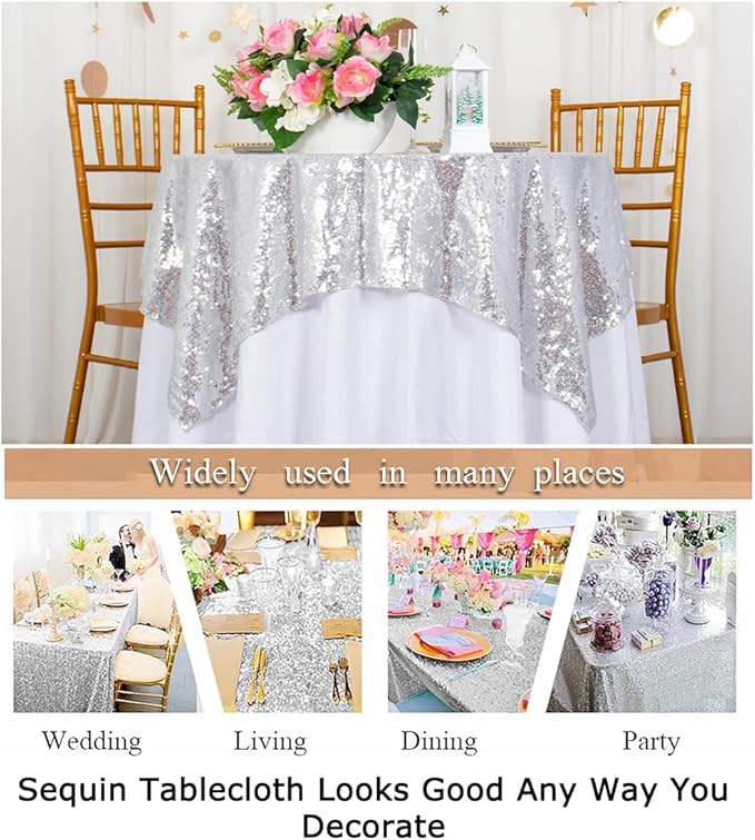 ShinyBeauty Silver Tablecloths 36X36 Inch 2 Pieces Sequin Table Cloth for Party Sparkle Table Cloths Square Small Grey Shimmer TableclothOverlay for Wedding Birthday Cake Tables