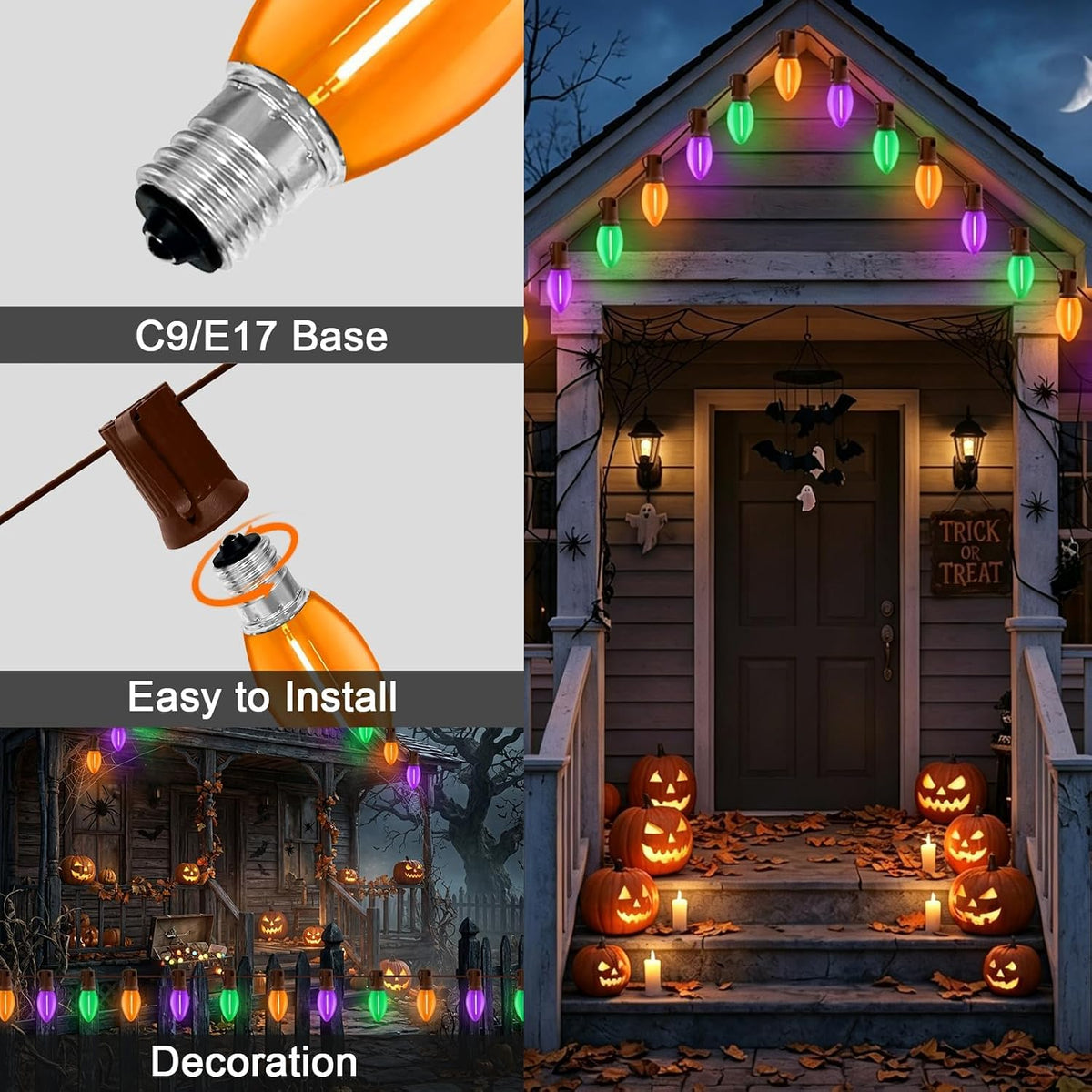 LAMPHOME C9 25FT 25 LED Orange Purple Green Halloween Lights, Vintage String ...