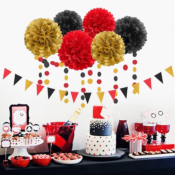 Red-Black Gold Casino-Theme Graduation Party-Decorations - 23pcs Kits Game Night Streamer Tissue Paper Pom Poms,Tassel Garland Banner,Birthday Wedding Baby Bridal Shower Decor Lasting Surprise