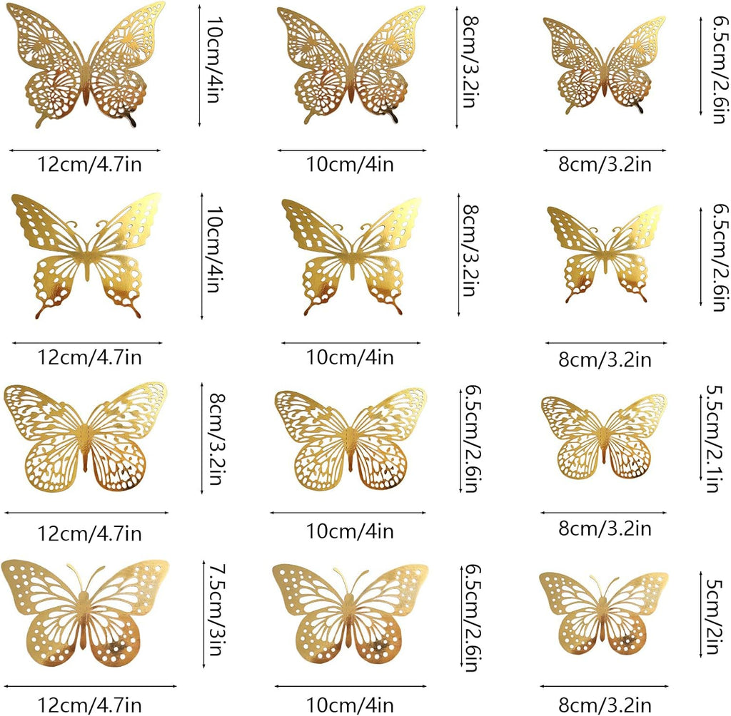 VEGCOO 48PCS Gold 3D Butterfly Cupcake Toppers, Hollow Buterfly Party Cake Decoration Butterfly Stickers for Birthday Wedding Party/Wall Decoration