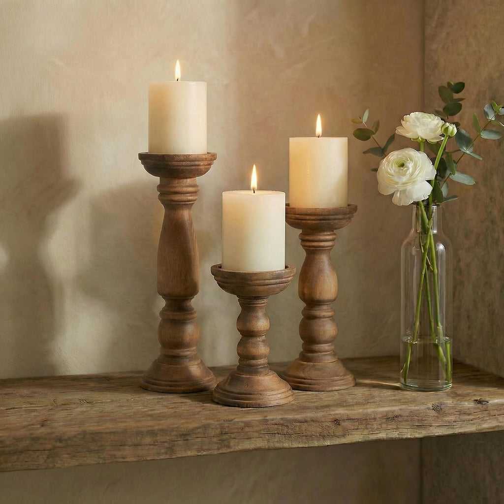 BANOMII Farmhouse Wooden Candle Holders for Pillar Candles Set of 3, Rustic Wood Candle Holder Table Centerpiece Decor, 12'' 9'' 6'' Vintage Tall Candle Stand Decorative, Brown