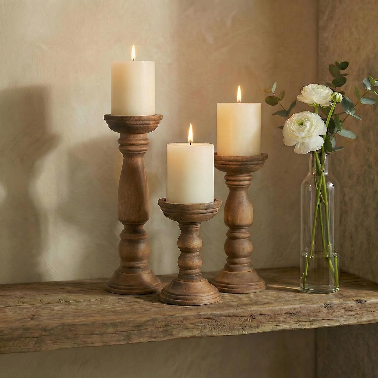 BANOMII Farmhouse Wooden Candle Holders for Pillar Candles Set of 3, Rustic Wood Candle Holder Table Centerpiece Decor, 12'' 9'' 6'' Vintage Tall Candle Stand Decorative, Brown