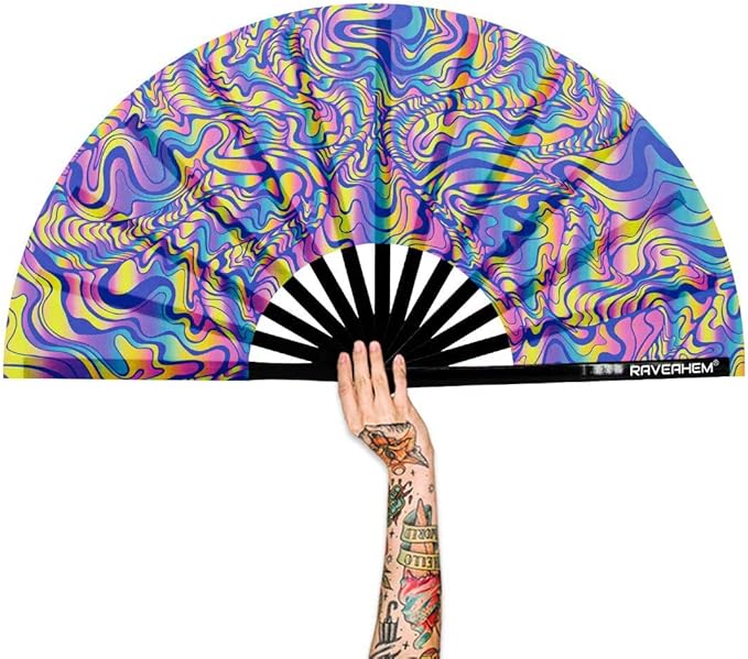 UV Glow Rave Fan, Bamboo Folding Clack Hand Fans Foldable for Men Women, Boots on the Ground Poping Fan for EDM Festival Line Dance Decoration, (Waves-2, Large 13")