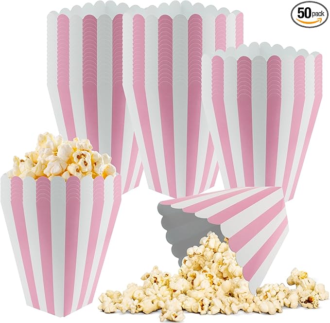 50 Pcs Pink Popcorn Boxes Mini Paper Popcorn Box Cardboard Container for Party Disposable Snack Candy for Movie Nights Birthday Wedding (Pink,White)