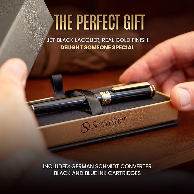 Scriveiner Luxury Fountain Pen - Stunning Luxury Pen, Real Gold Finish, Schmidt Gilded Nib (Medium), Converter, Best Pen Gift Set for Men & Women, Professional, Executive, Office, Nice Pens