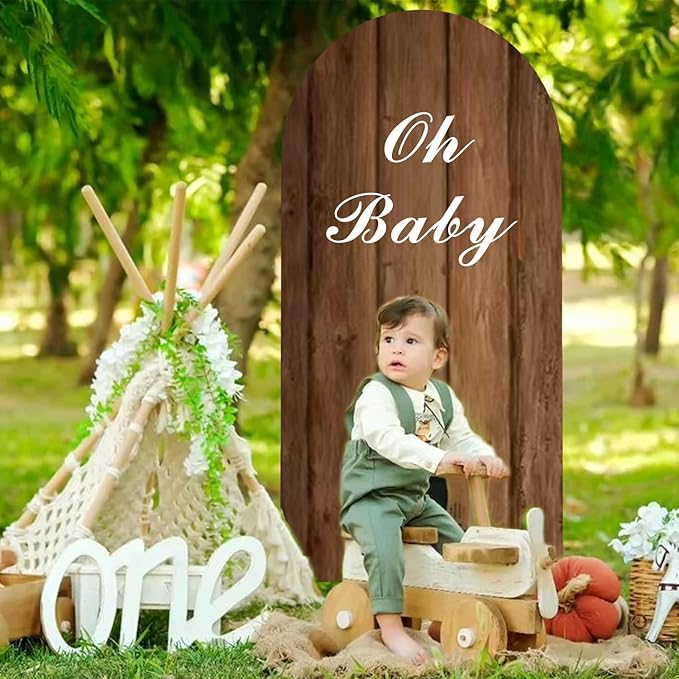 Wood Arch Cover 6.6ft Arch-Backdrop-Cover Jungle Theme Arched Stand Covers Wooden Arches Backdrop Double Sided Wood & White Cover for Back Drop Stand for Baby Shower Wild First Birthday Decor