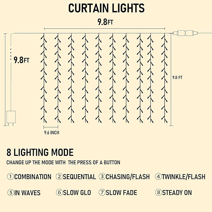 Dazzle Bright 300 LED Curtain String Lights, Christmas Fairy Lights for Bedroom with 8 Lighting Modes, Connectable Waterproof Window Lights Party Wedding Garden Wall Decor, Multi-Colored