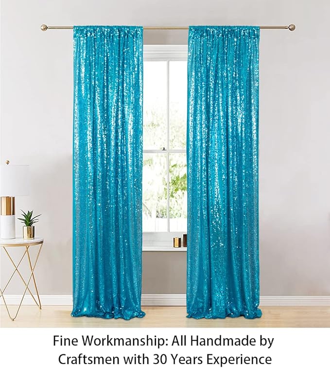 ShinyBeauty Sparkle Backdrop Curtain Aqua 2 Panels Set Sequin Photo Backdrop Turquoise 2FTx8FT Sequin Backdrop Curtain Aqua Blue Pack of 2-1220S